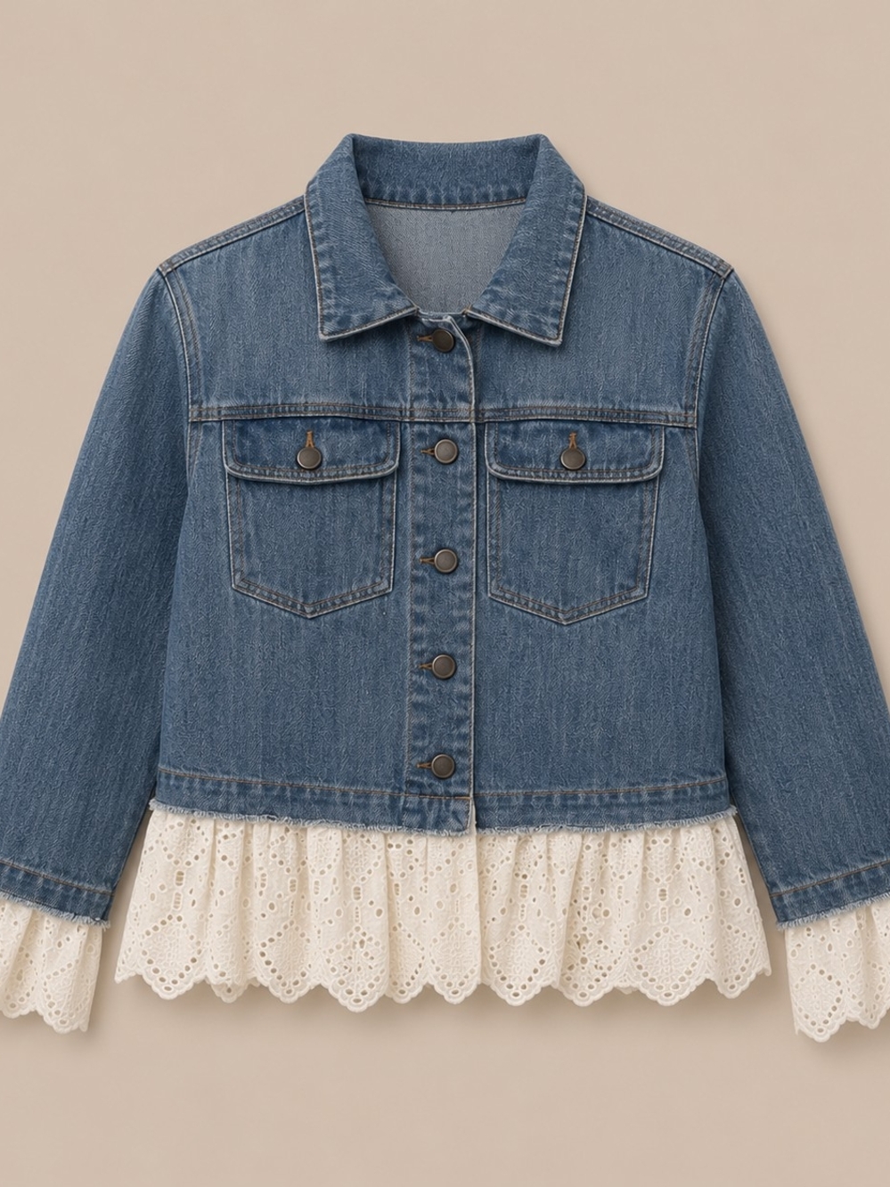 Sugar Lips Women's Denim Jacket with Lace Trim - Blue and Cream